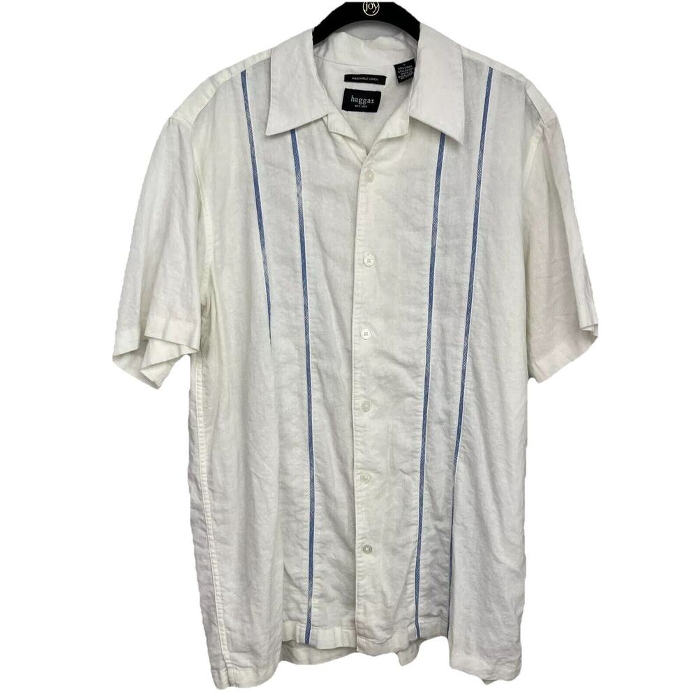 Haggar Shirt White Blue Stripe Washable Linen Button Short Sleeve Short Large